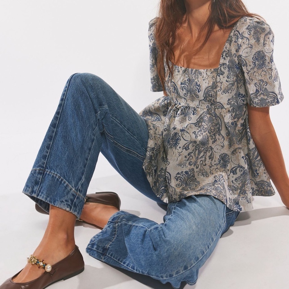 NWT Free People Eloise Jacquard Blouse in Ice Blue Combo